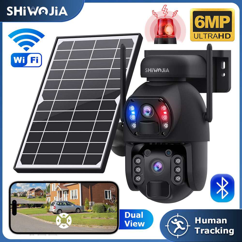 SHIWOJIA 4G SIM / WIFI Cellular Security Camera Dual-Lens,6MP Solar Camera Wireless Outdoor,Siren Alarm,Color Night Vision,Dual Screen,Built-in 12000mAh Battery