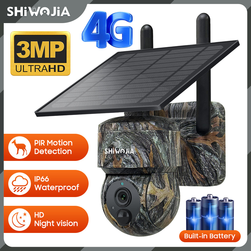 SHIWOJIA 3MP Camouflage Color Solar Battery PTZ Camera Outdoor Wifi Surveillance Effective Distance 15M Built In 7800mAh Battery