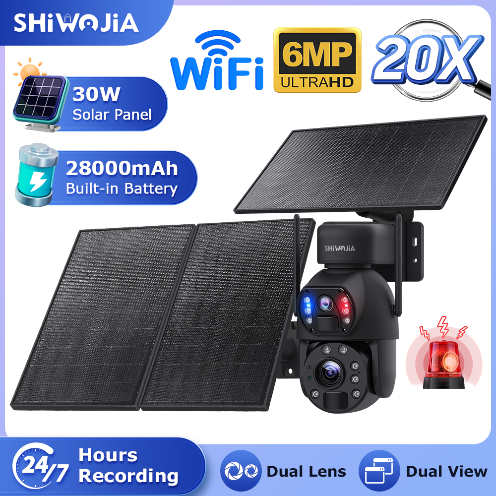 SHIWOJIA 6MP 30W Solar Battery 20x zoom Red Blue Alarm Floodlight PTZ Camera Night Vision 3 PCS Solar Board Built in 28000mAh Batteries