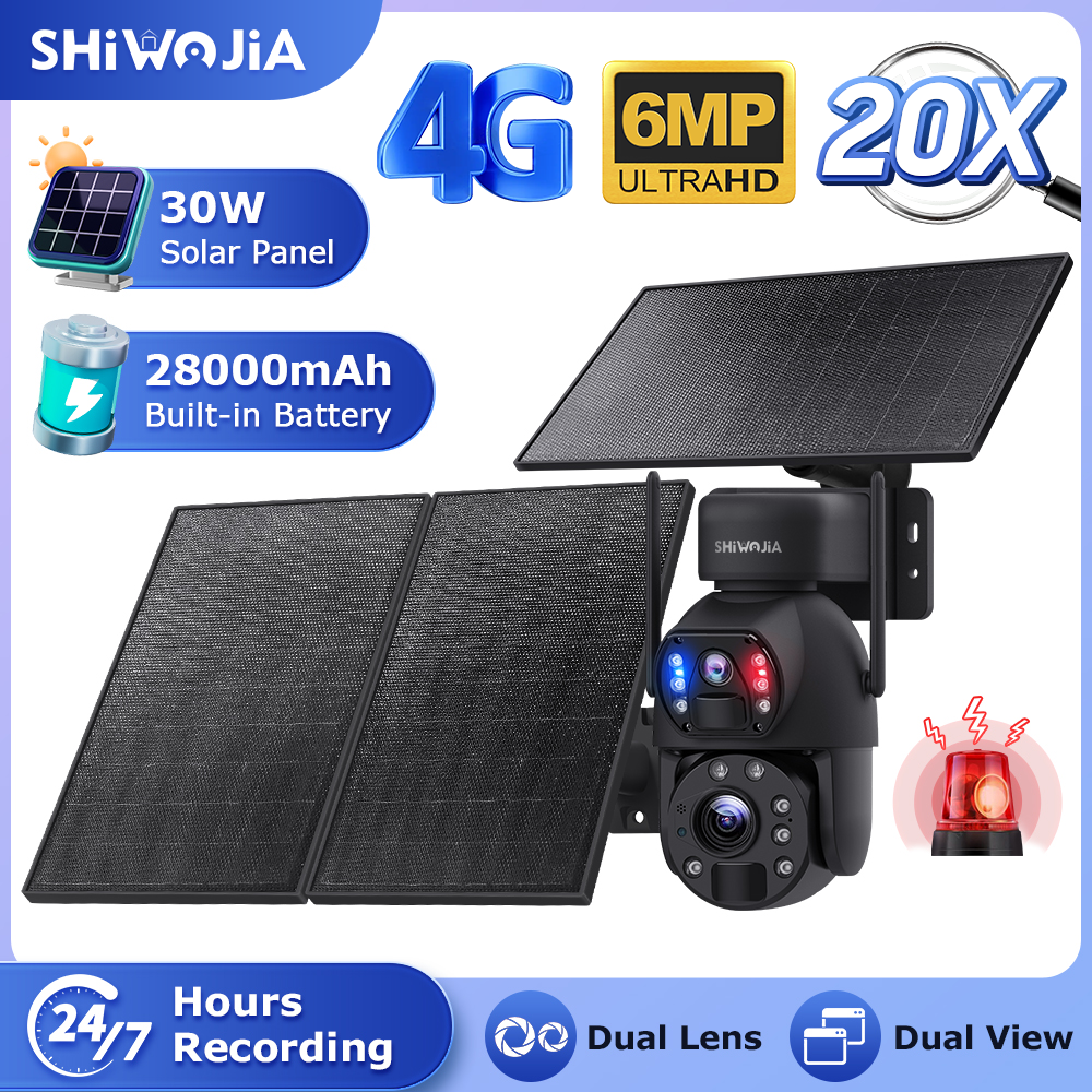 SHIWOJIA 6MP 30W Solar Battery 20x zoom Red Blue Alarm Floodlight PTZ Camera Night Vision 3 PCS Solar Board Built in 28000mAh Batteries