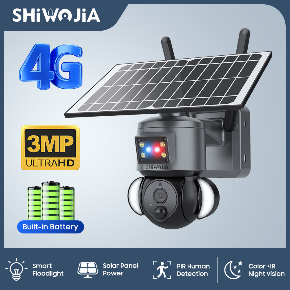 SHIWOJIA 3MP Solar Camera 4G SIM / WIFI Security Outdoor Dual Lens Recording Humanoid Tracking Camera+Floodlight+Alarm Solar Battery PTZ Camera
