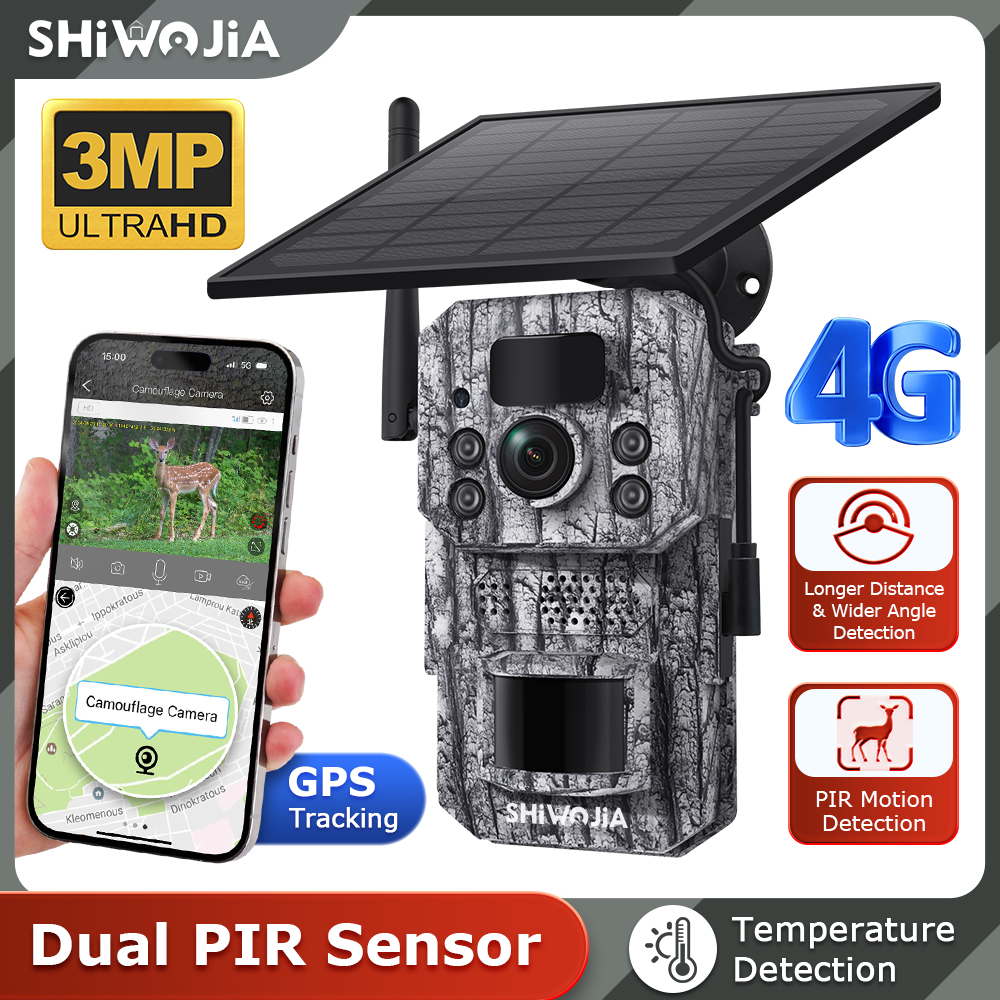 SHIWOJIA New 3MP 3K Camouflage Hunting 4G Tracking Wild Trail Outdoor IP Network Solar Battery Mini Hunting Cameras