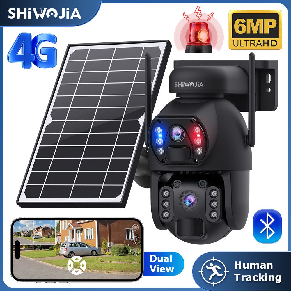 SHIWOJIA 4G SIM / WIFI Cellular Security Camera Dual-Lens,6MP Solar Camera Wireless Outdoor,Siren Alarm,Color Night Vision,Dual Screen,Built-in 12000mAh Battery