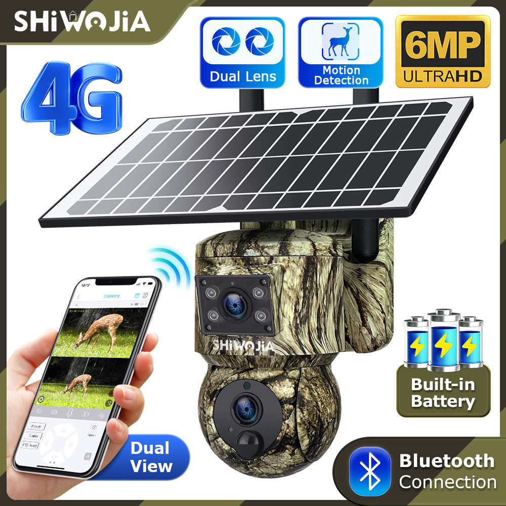 SHIWOJIA 6MP Solar Camera 4G SIM / WIFI Security Outdoor Camouflage Color Dual Lens Solar Battery PTZ Camera