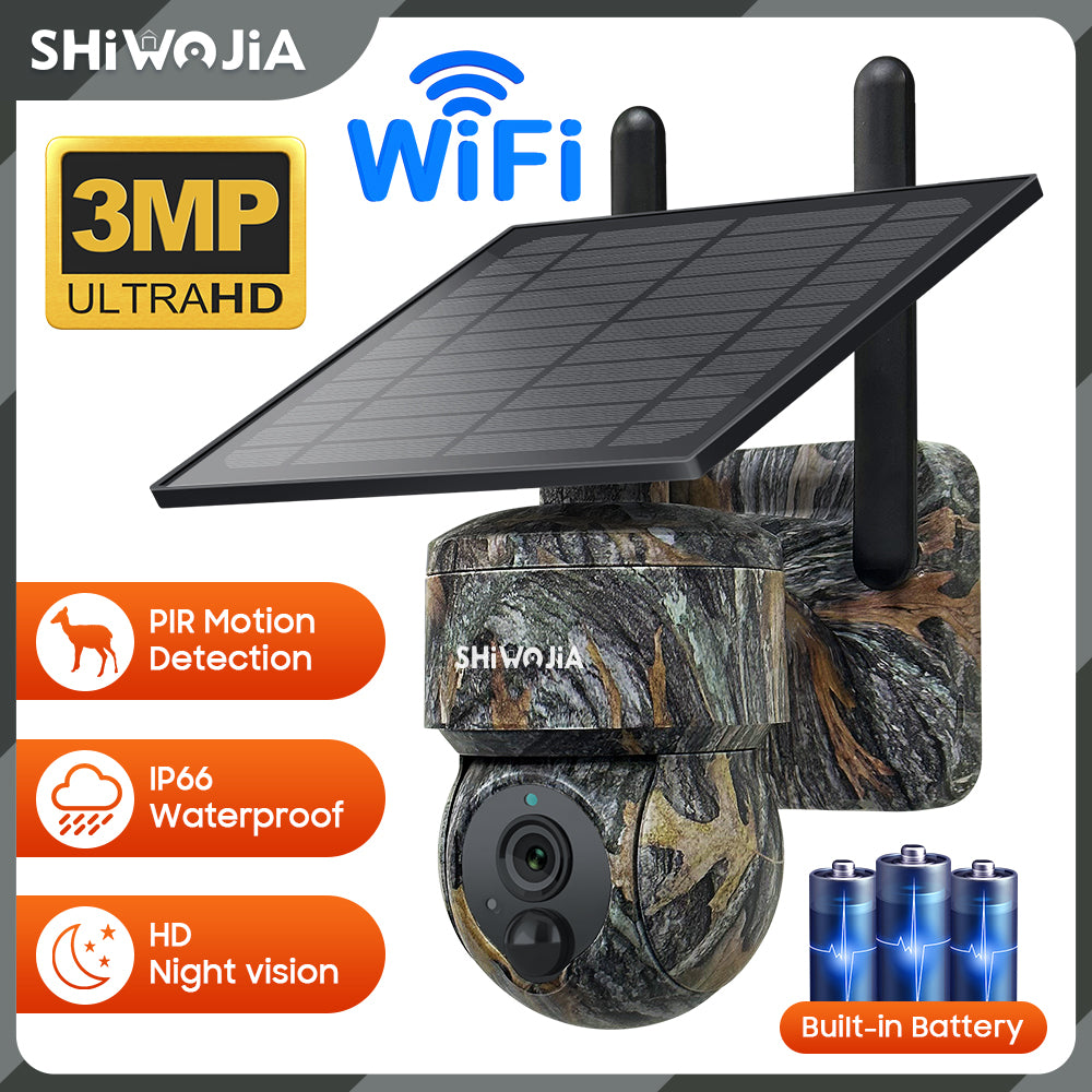 SHIWOJIA Camouflage Color Solar Battery PTZ Camera.4G SIM / WIFI 3MP 360° View Animal Monitoring.Built-in Battery