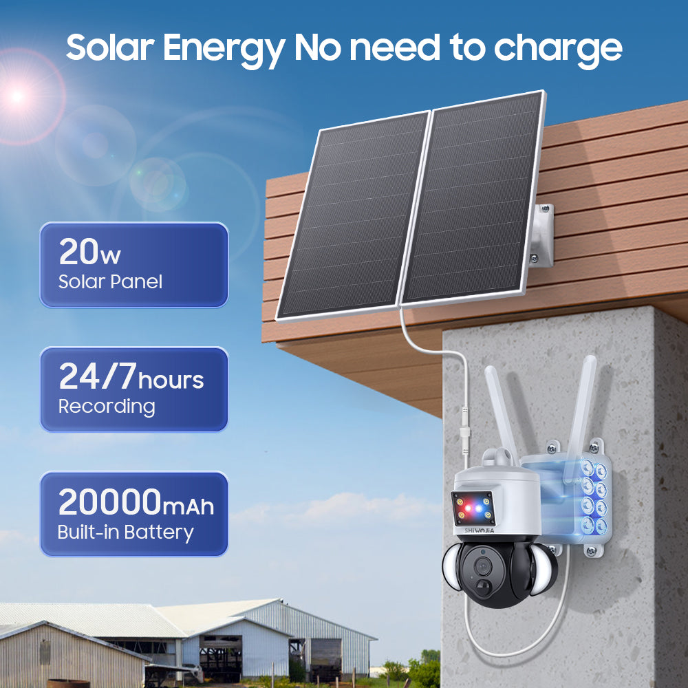 SHIWOJIA 3MP Solar Camera 4G SIM / WIFI Security Outdoor Recording Humanoid Tracking 20W Solar Battery Red Blue Alarm Floodlight PTZ Camera