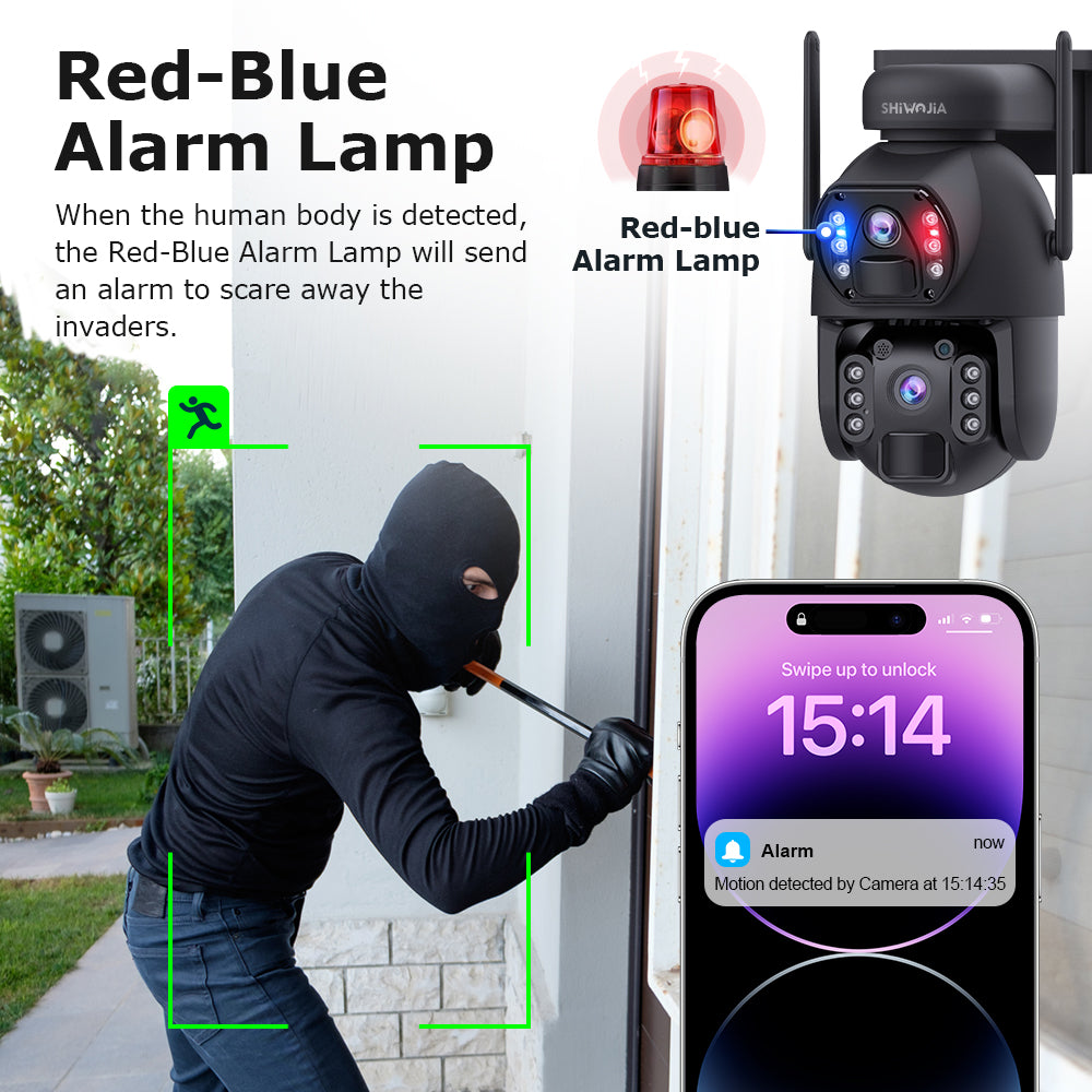 SHIWOJIA 4G SIM / WIFI Cellular Security Camera Dual-Lens,6MP Solar Camera Wireless Outdoor,Siren Alarm,Color Night Vision,Dual Screen,Built-in 12000mAh Battery