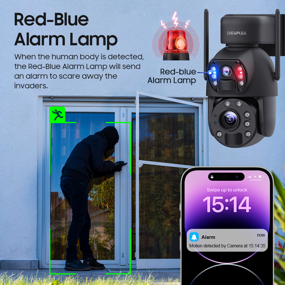 SHIWOJIA 6MP 30W Solar Battery 20x zoom Red Blue Alarm Floodlight PTZ Camera Night Vision 3 PCS Solar Board Built in 28000mAh Batteries