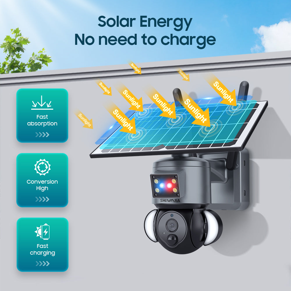 SHIWOJIA 3MP Solar Camera 4G SIM / WIFI Security Outdoor Dual Lens Recording Humanoid Tracking Camera+Floodlight+Alarm Solar Battery PTZ Camera