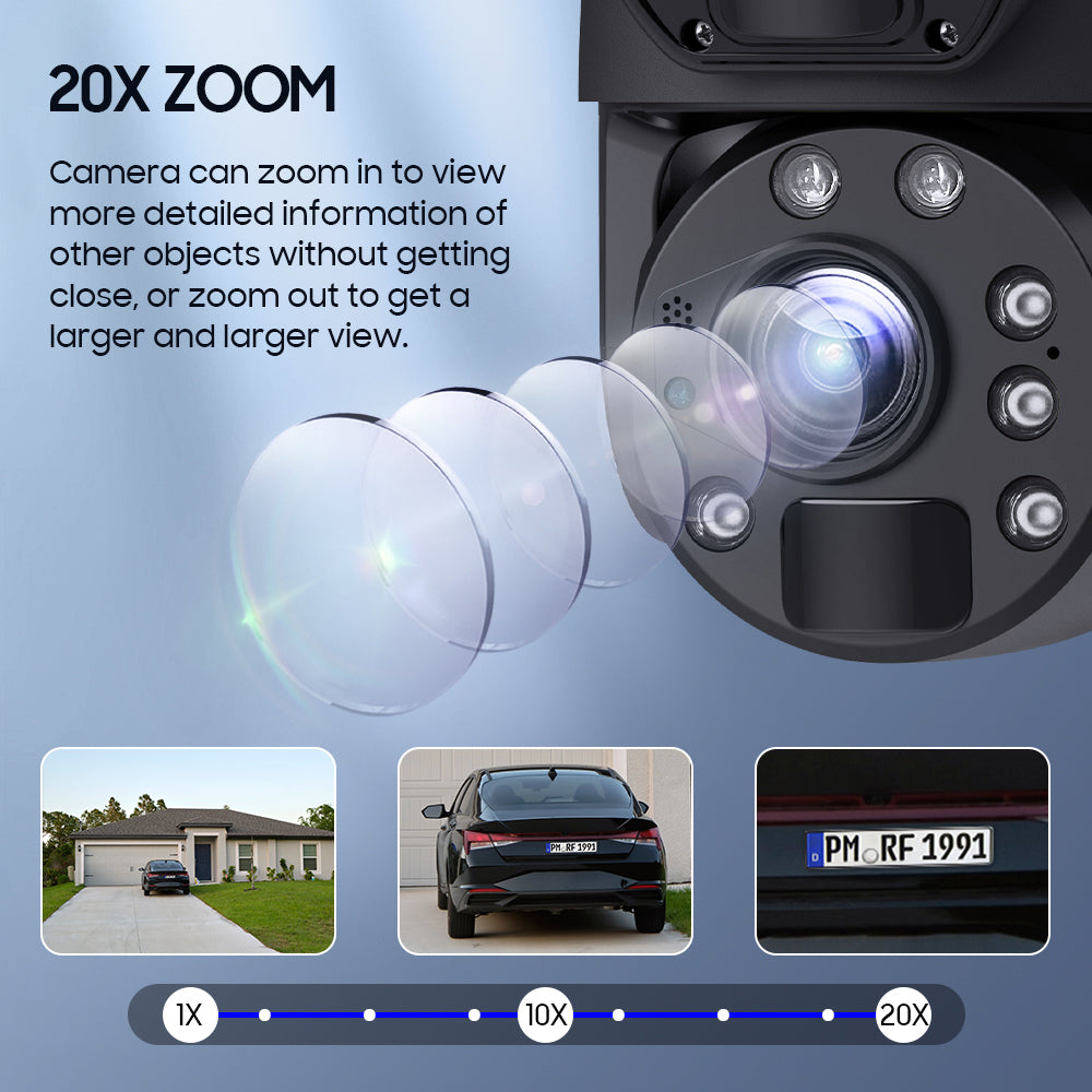 SHIWOJIA 20W Solar Battery 20X Zoom Red Blue Alarm FloodLight PTZ Camera 4G SIM / WIFI Cellular Security Camera Dual-Lens,6MP Solar Camera Wireless Outdoor,Color Night Vision,Dual Screen,Built-in Battery