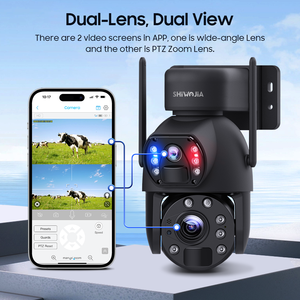SHIWOJIA 30W Solar Battery 20x zoom Red Blue Alarm Floodlight PTZ Camera 3 PCS Solar Board Built in 28000mAh Batteries Night Vision Camera