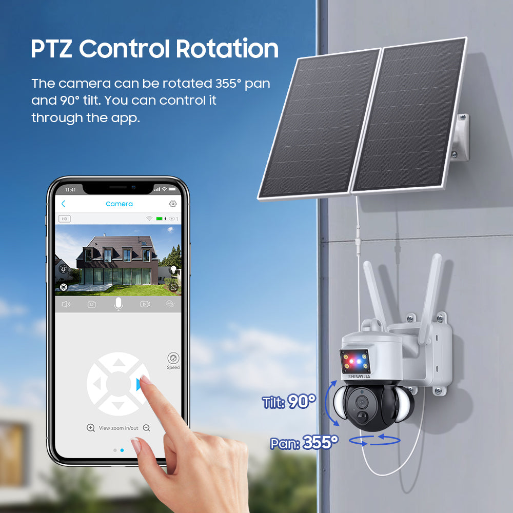 SHIWOJIA 3MP Solar Camera 4G SIM / WIFI Security Outdoor Recording Humanoid Tracking 20W Solar Battery Red Blue Alarm Floodlight PTZ Camera