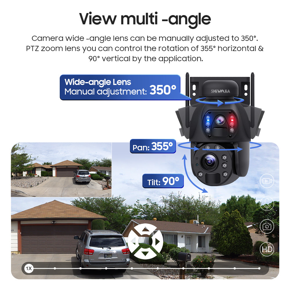 SHIWOJIA 20W Solar Battery 20X Zoom Red Blue Alarm FloodLight PTZ Camera 4G SIM / WIFI Cellular Security Camera Dual-Lens,6MP Solar Camera Wireless Outdoor,Color Night Vision,Dual Screen,Built-in Battery