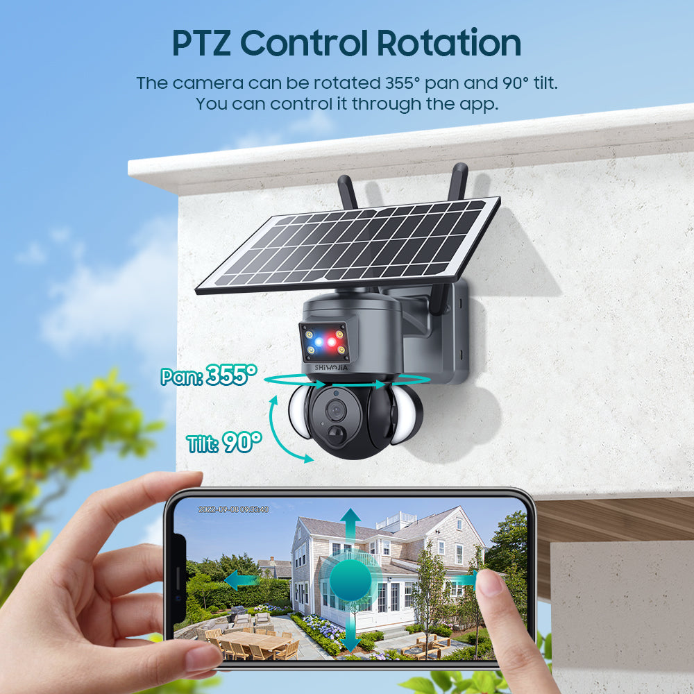SHIWOJIA 3MP Solar Camera 4G SIM / WIFI Security Outdoor Dual Lens Recording Humanoid Tracking Camera+Floodlight+Alarm Solar Battery PTZ Camera