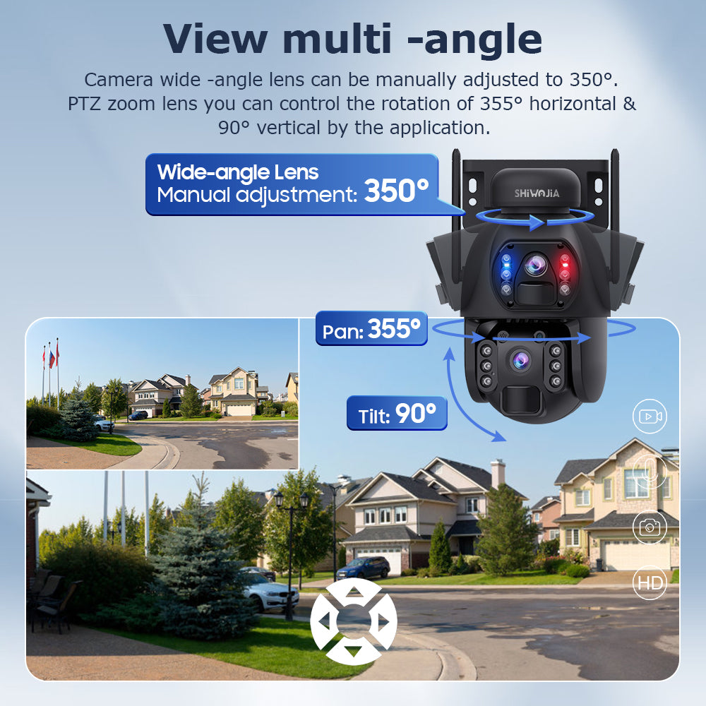 SHIWOJIA 4G SIM / WIFI Cellular Security Camera Dual-Lens,6MP Solar Camera Wireless Outdoor,Siren Alarm,Color Night Vision,Dual Screen,Built-in 12000mAh Battery