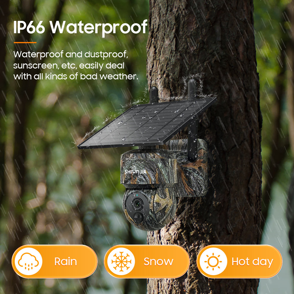 SHIWOJIA Camouflage Color Solar Battery PTZ Camera.4G SIM / WIFI 3MP 360° View Animal Monitoring.Built-in Battery