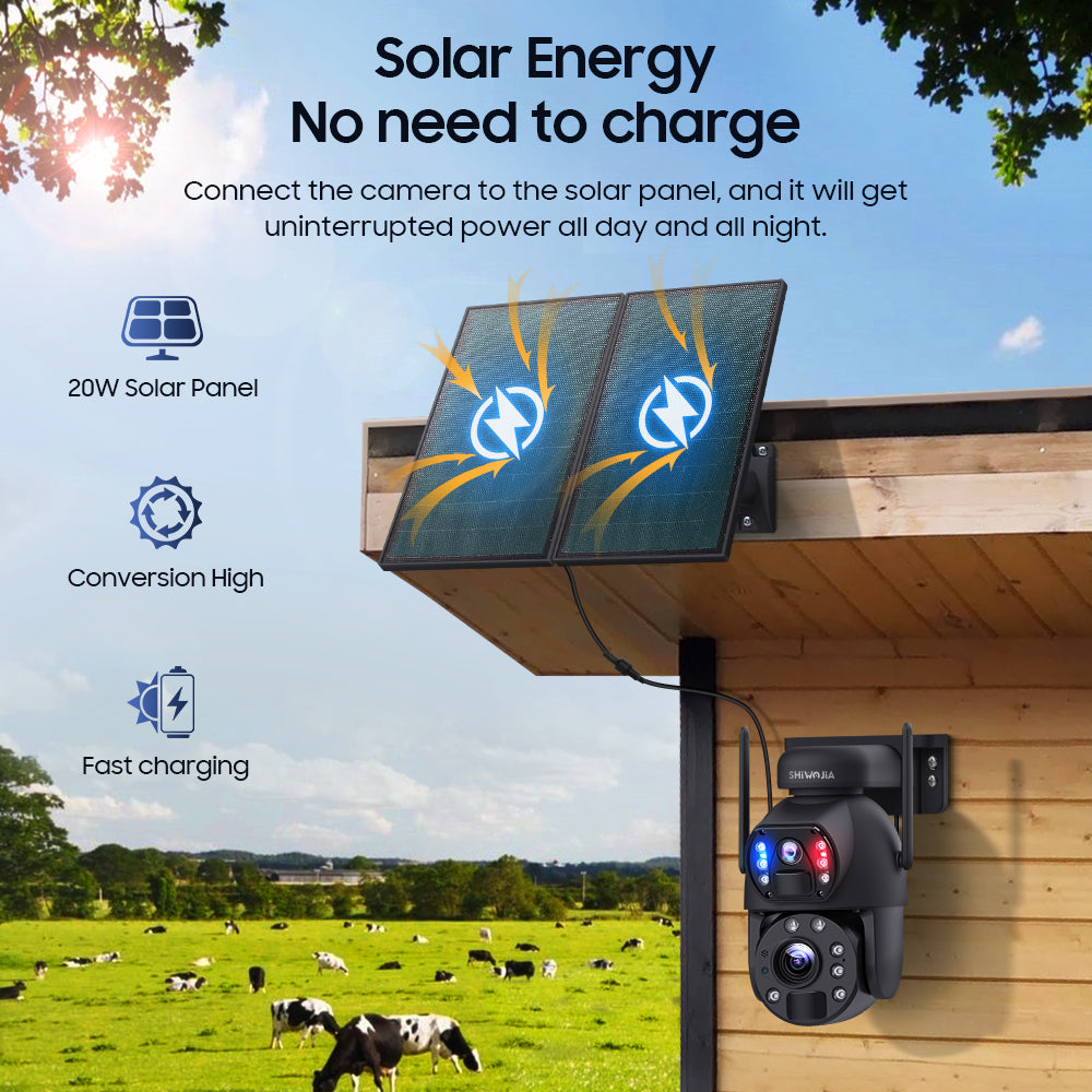 SHIWOJIA 20W Solar Battery 20X Zoom Red Blue Alarm FloodLight PTZ Camera 4G SIM / WIFI Cellular Security Camera Dual-Lens,6MP Solar Camera Wireless Outdoor,Color Night Vision,Dual Screen,Built-in Battery