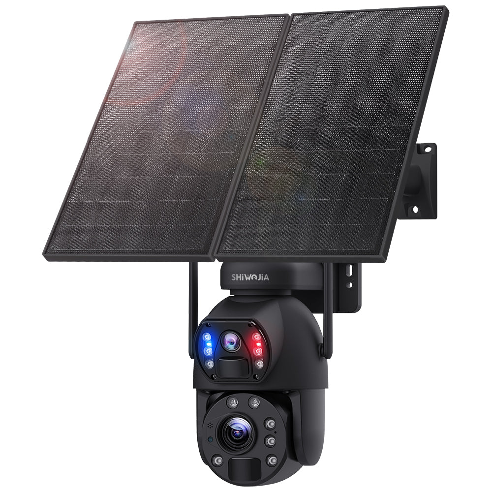 SHIWOJIA 20W Solar Battery 20X Zoom Red Blue Alarm FloodLight PTZ Camera 4G SIM / WIFI Cellular Security Camera Dual-Lens,6MP Solar Camera Wireless Outdoor,Color Night Vision,Dual Screen,Built-in Battery