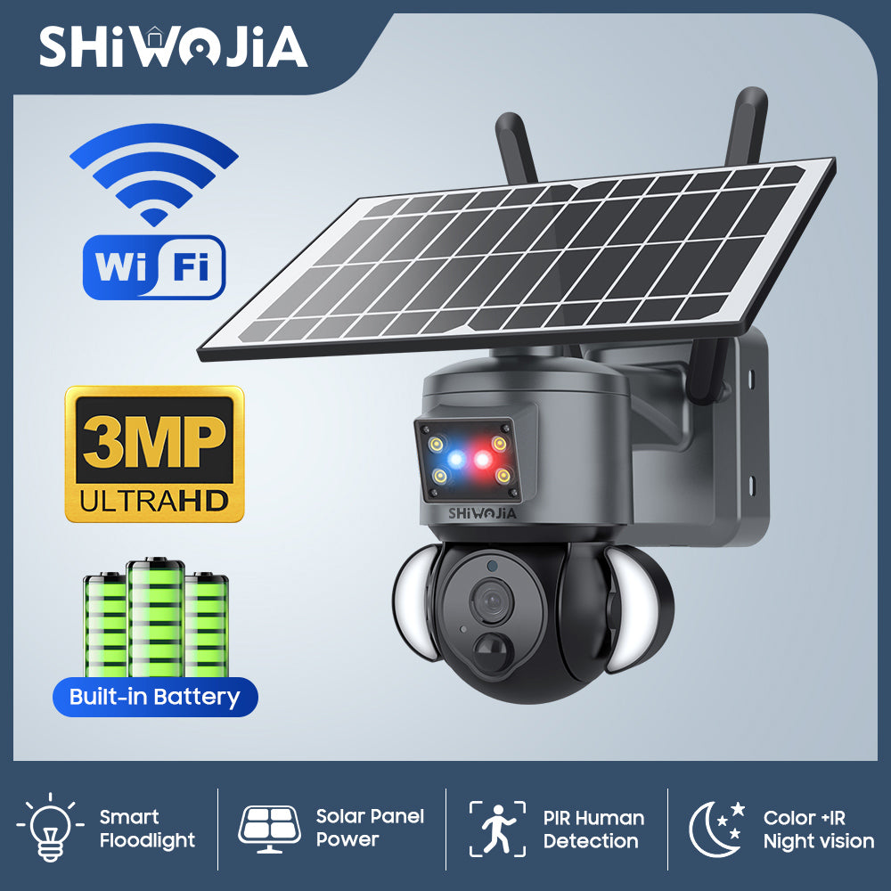 SHIWOJIA 3MP Solar Camera 4G SIM / WIFI Security Outdoor Dual Lens Recording Humanoid Tracking Camera+Floodlight+Alarm Solar Battery PTZ Camera