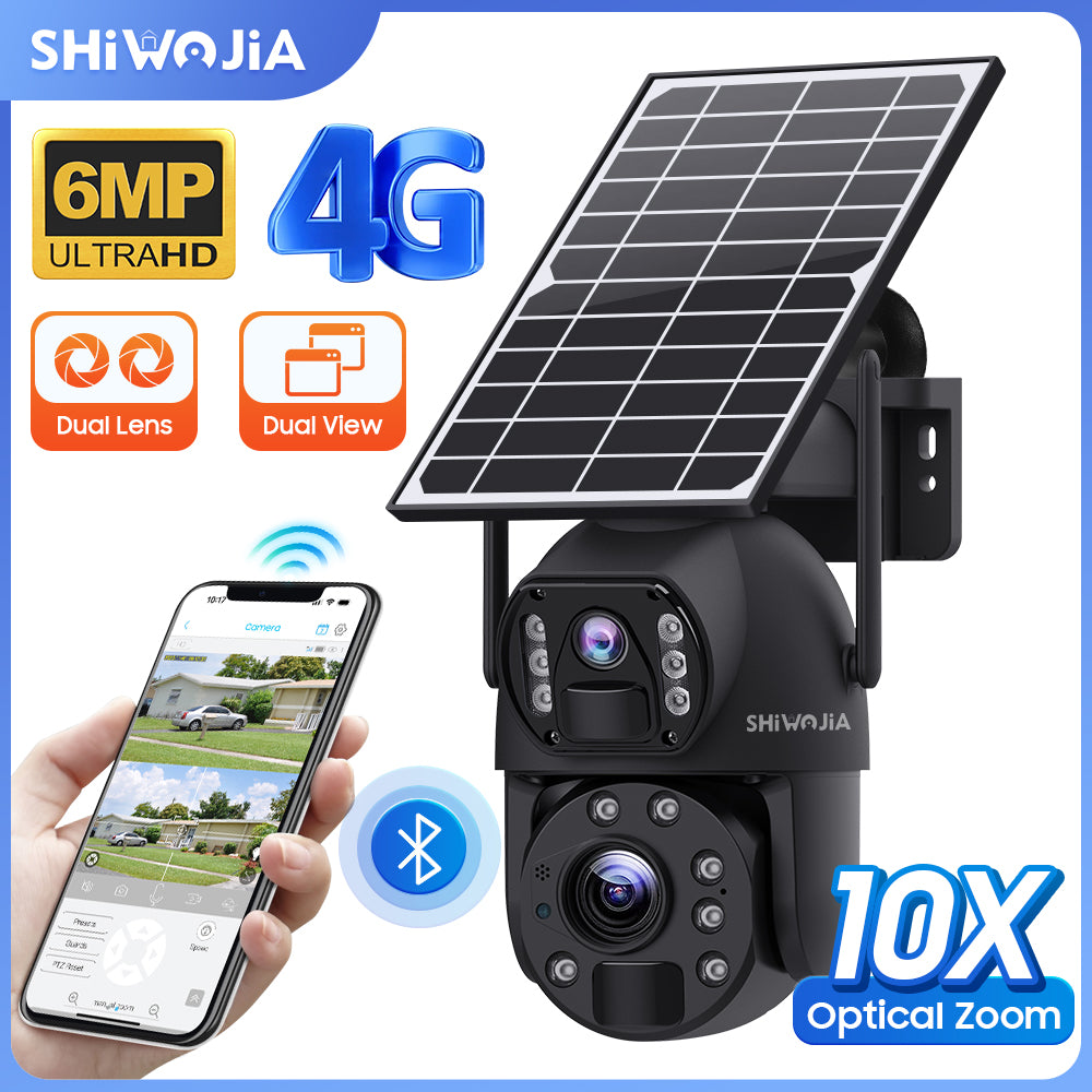 SHIWOJIA 10X Optical Zoom 4G SIM / WIFI Cellular Security Camera Dual-Lens,Dual View 6MP Solar Camera Wireless Outdoor,Siren Alarm,Color Night Vision,Dual Screen. Built-in Battery