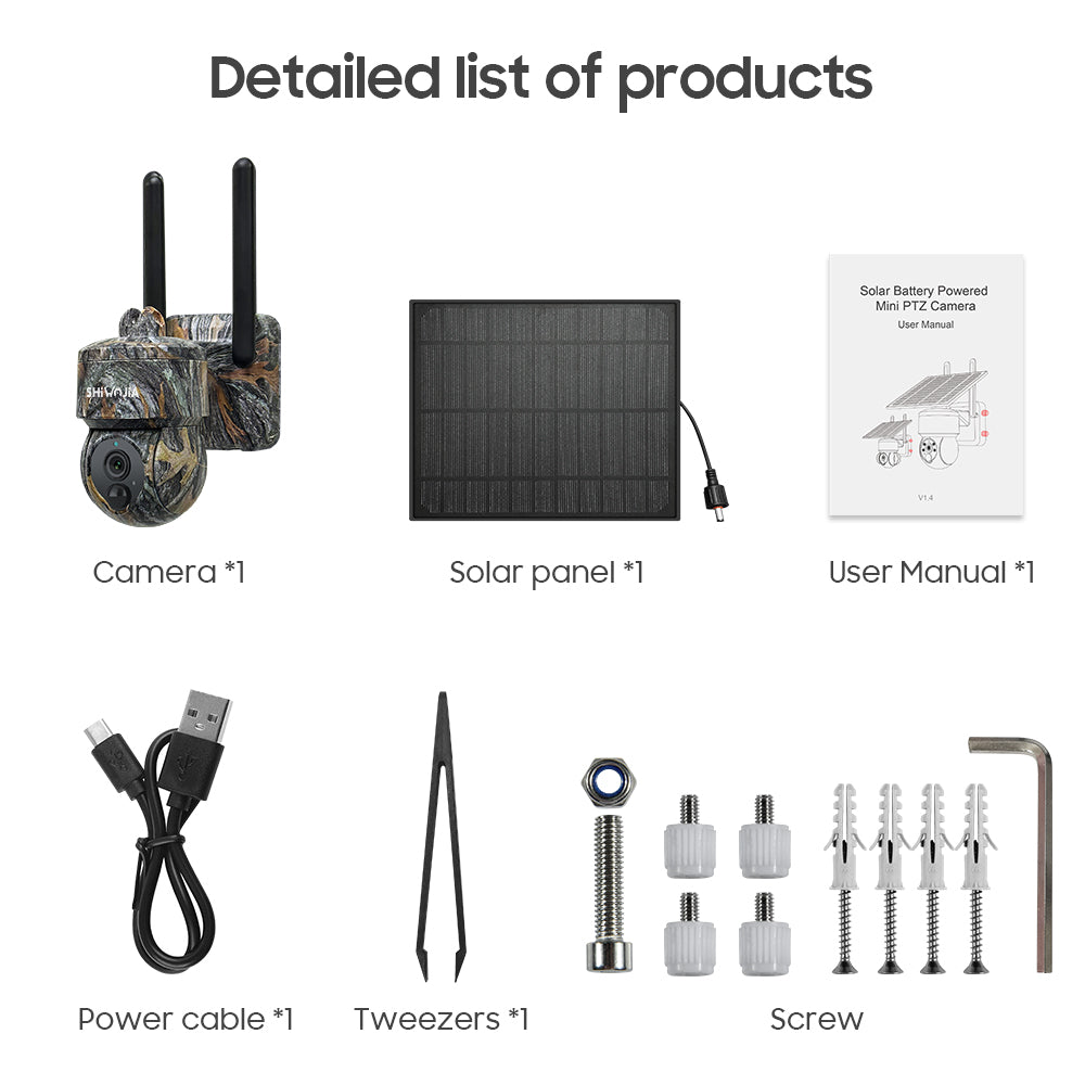 SHIWOJIA Camouflage Color Solar Battery PTZ Camera.4G SIM / WIFI 3MP 360° View Animal Monitoring.Built-in Battery