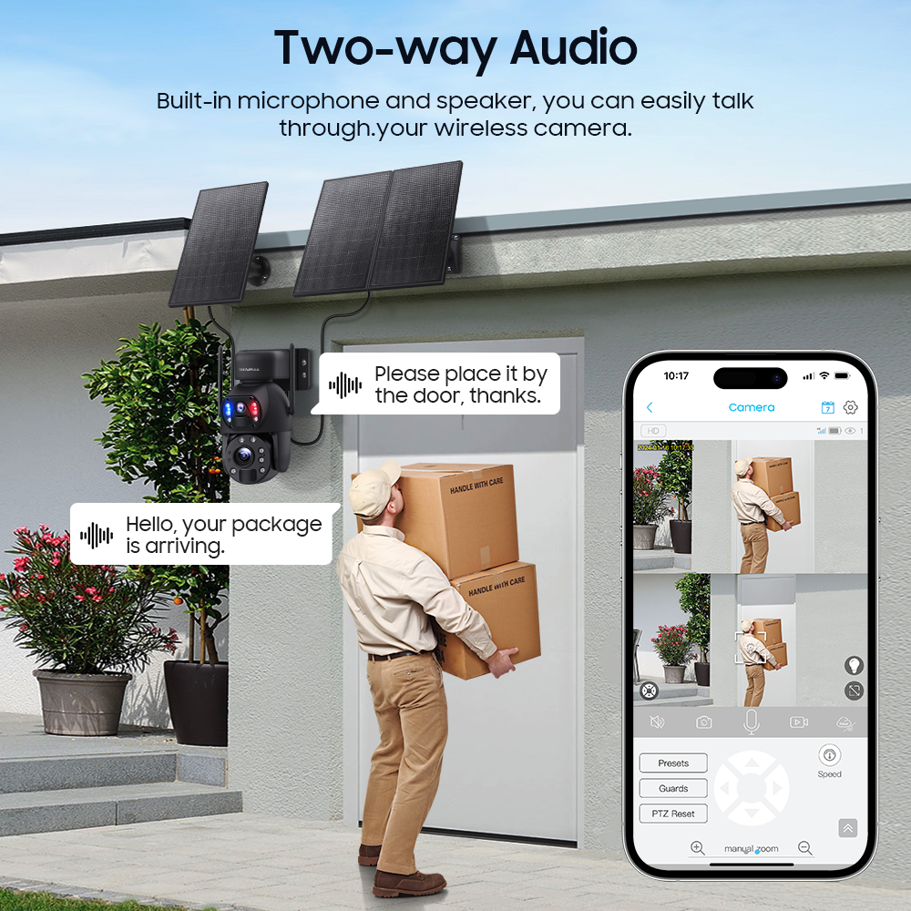 SHIWOJIA 30W Solar Battery 20x zoom Red Blue Alarm Floodlight PTZ Camera 3 PCS Solar Board Built in 28000mAh Batteries Night Vision Camera