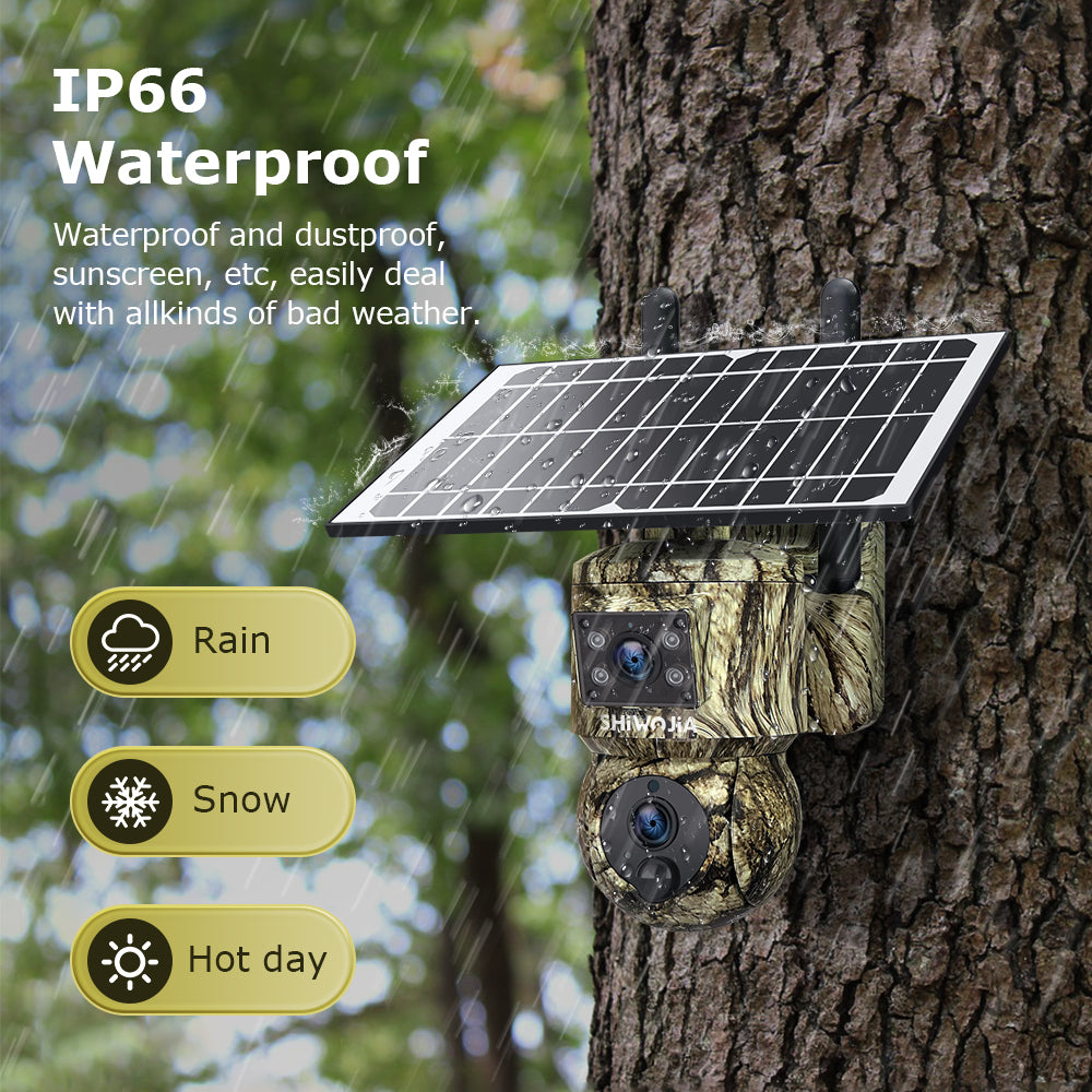 SHIWOJIA 6MP 4G With GPS Location Camouflage Color Dual Lens Solar Battery PTZ Camera Support PIR Detection Wake Built In 12000mAh Battery