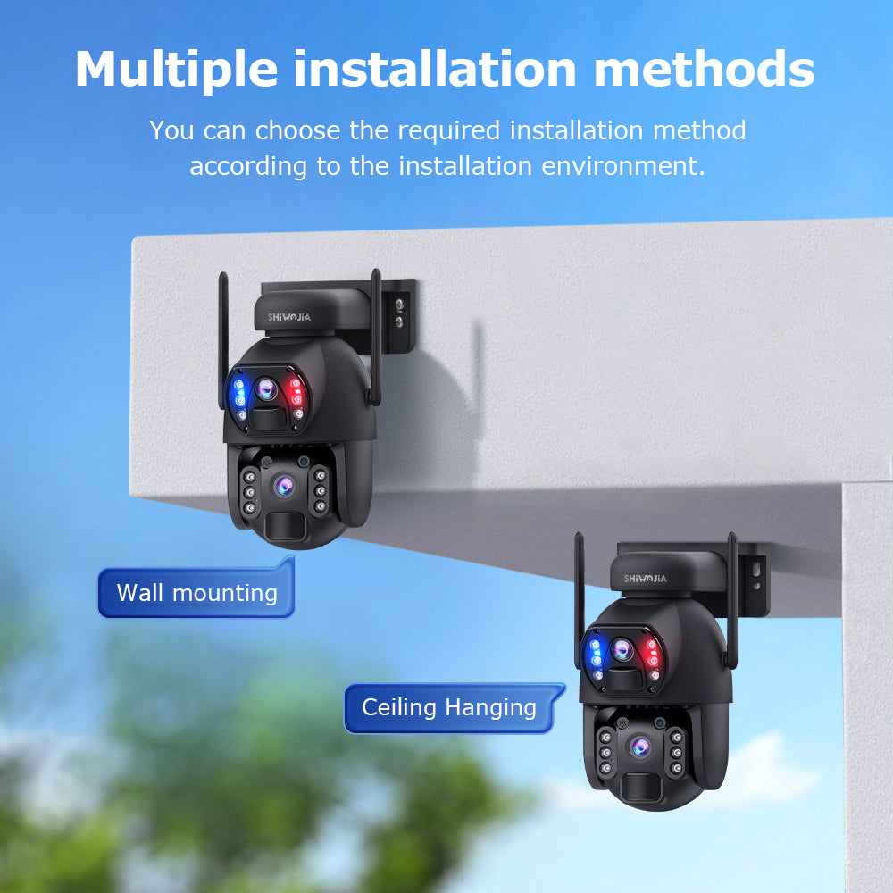 SHIWOJIA 4G SIM / WIFI Cellular Security Camera Dual-Lens,6MP Solar Camera Wireless Outdoor,Siren Alarm,Color Night Vision,Dual Screen,Built-in 12000mAh Battery