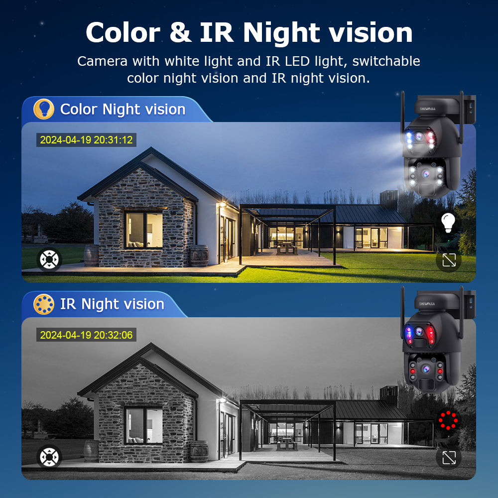 SHIWOJIA 4G SIM / WIFI Cellular Security Camera Dual-Lens,6MP Solar Camera Wireless Outdoor,Siren Alarm,Color Night Vision,Dual Screen,Built-in 12000mAh Battery