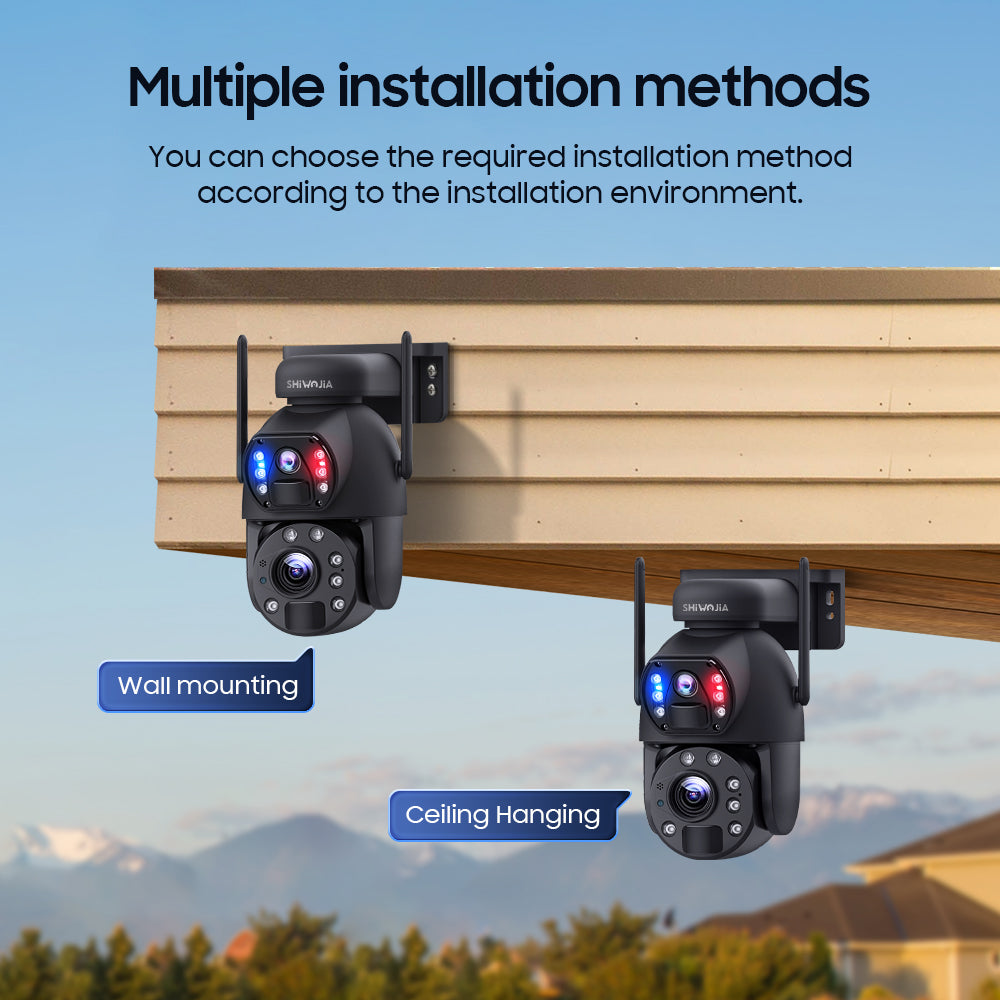 SHIWOJIA 20W Solar Battery 20X Zoom Red Blue Alarm FloodLight PTZ Camera 4G SIM / WIFI Cellular Security Camera Dual-Lens,6MP Solar Camera Wireless Outdoor,Color Night Vision,Dual Screen,Built-in Battery