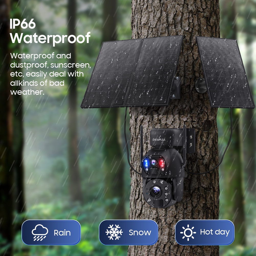 SHIWOJIA 6MP 30W Solar Battery 20x zoom Red Blue Alarm Floodlight PTZ Camera Night Vision 3 PCS Solar Board Built in 28000mAh Batteries