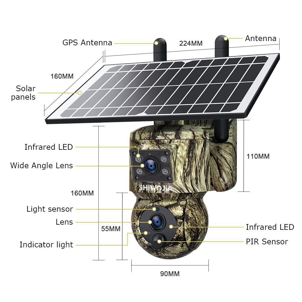 SHIWOJIA 6MP 4G With GPS Location Camouflage Color Dual Lens Solar Battery PTZ Camera Support PIR Detection Wake Built In 12000mAh Battery