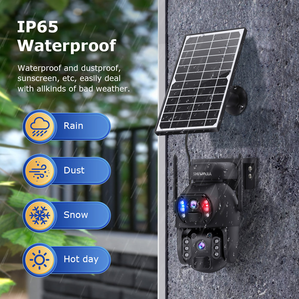 SHIWOJIA 4G SIM / WIFI Cellular Security Camera Dual-Lens,6MP Solar Camera Wireless Outdoor,Siren Alarm,Color Night Vision,Dual Screen,Built-in 12000mAh Battery