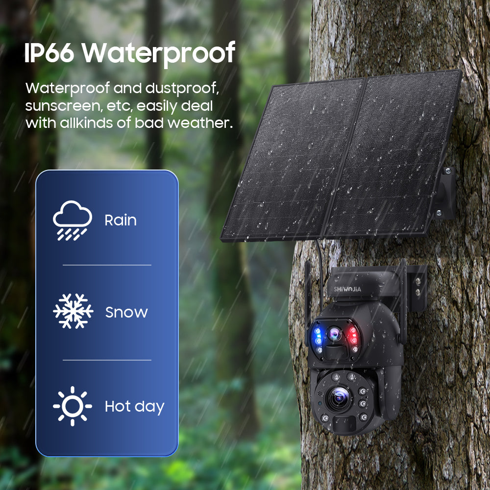 SHIWOJIA 20W Solar Battery 20X Zoom Red Blue Alarm FloodLight PTZ Camera 4G SIM / WIFI Cellular Security Camera Dual-Lens,6MP Solar Camera Wireless Outdoor,Color Night Vision,Dual Screen,Built-in Battery