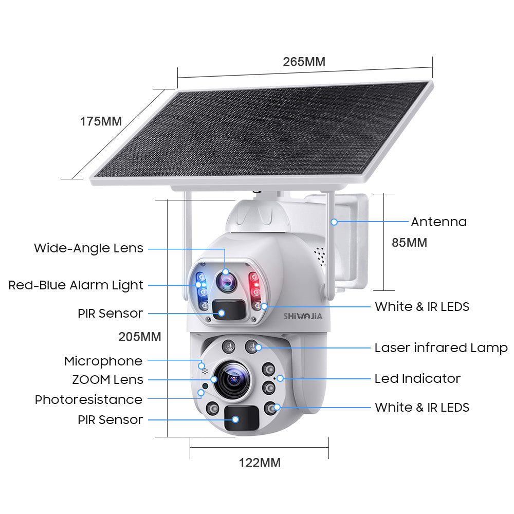 SHIWOJIA 10W Solar Panel Camera 4G SIM / WIFI 6MP 20X ZOOM Solar 20000mAh Battery Cameras 360° Outdoor Dual Lens Recording Humanoid Cam
