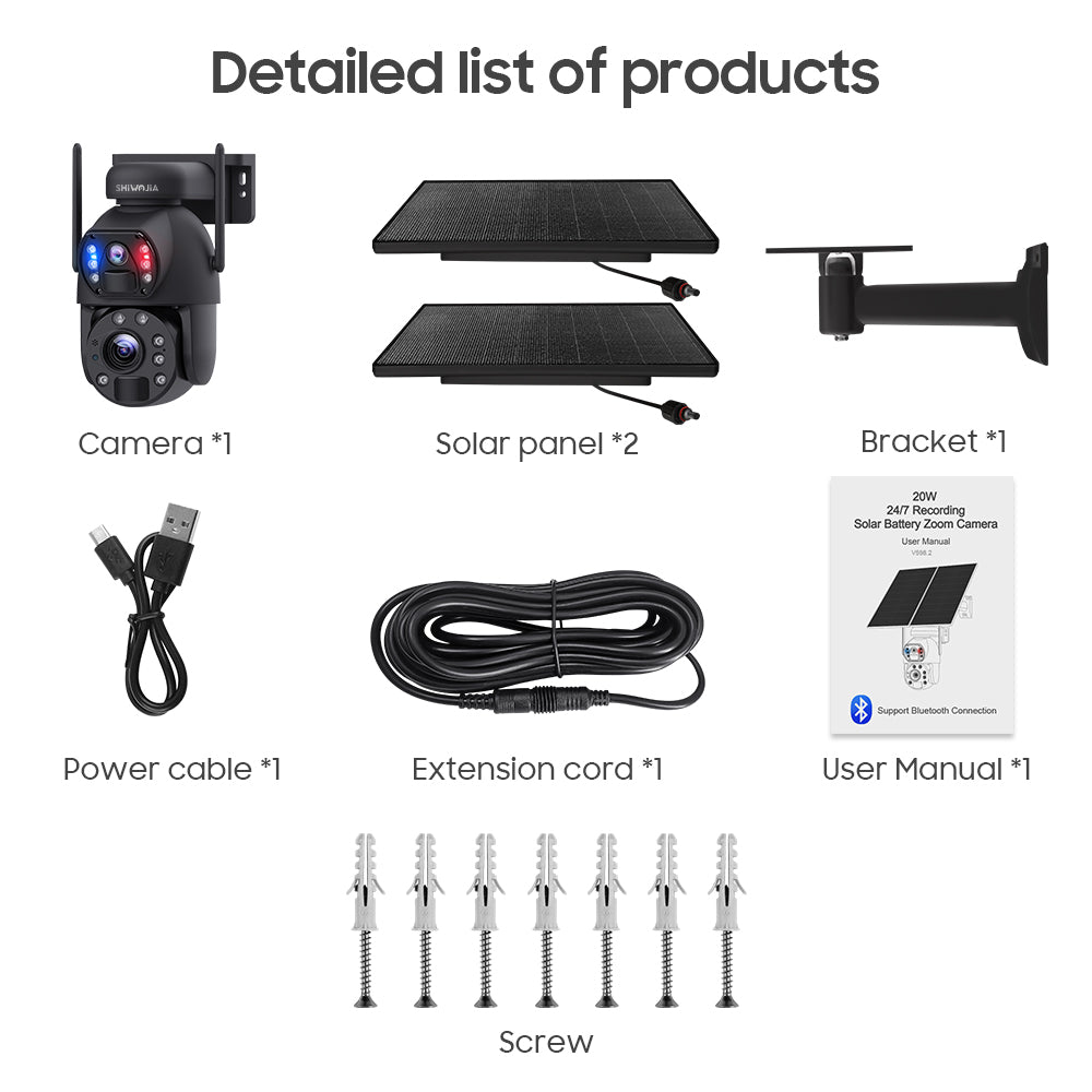 SHIWOJIA 20W Solar Battery 20X Zoom Red Blue Alarm FloodLight PTZ Camera 4G SIM / WIFI Cellular Security Camera Dual-Lens,6MP Solar Camera Wireless Outdoor,Color Night Vision,Dual Screen,Built-in Battery