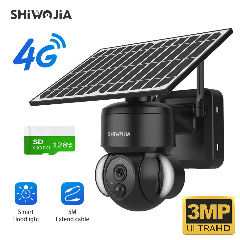 SHIWOJIA 3MP Solar Camera 4G SIM / WIFI Security Outdoor Recording Humanoid Tracking Floodlight Solar Battery PTZ Camera