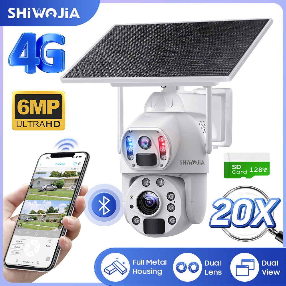 SHIWOJIA 10W Solar Panel Camera 4G SIM / WIFI 6MP 20X ZOOM Solar 20000mAh Battery Cameras 360° Outdoor Dual Lens Recording Humanoid Cam