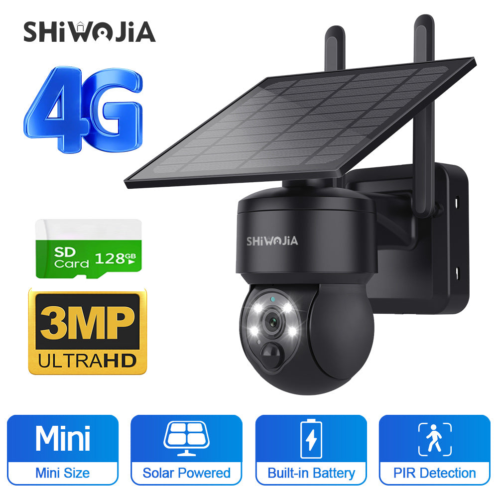 SHIWOJIA 4G SIM / WIFI Solar Security Cameras WIFI Wireless Outdoor 3MP View Animal Monitoring MiNi Solar Battery PTZ Camera Built-in Battery