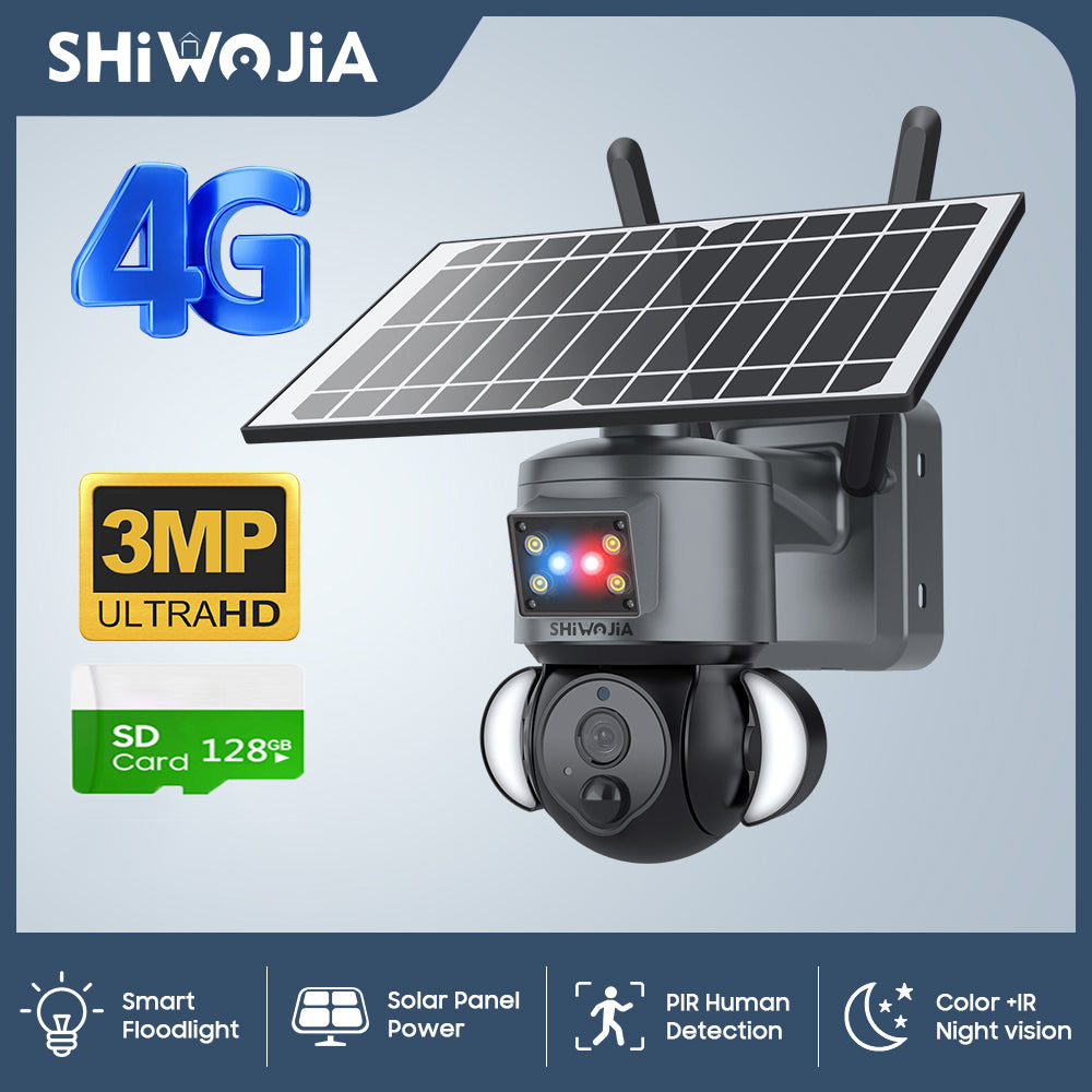 SHIWOJIA 3MP Solar Camera 4G SIM / WIFI Security Outdoor Dual Lens Recording Humanoid Tracking Camera+Floodlight+Alarm Solar Battery PTZ Camera