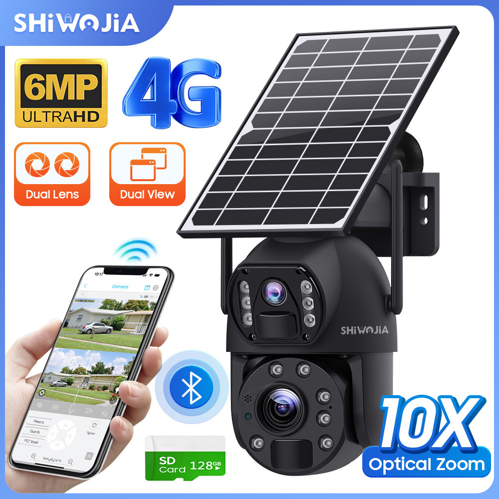 SHIWOJIA 10X Optical Zoom 4G SIM / WIFI Cellular Security Camera Dual-Lens,Dual View 6MP Solar Camera Wireless Outdoor,Siren Alarm,Color Night Vision,Dual Screen. Built-in Battery
