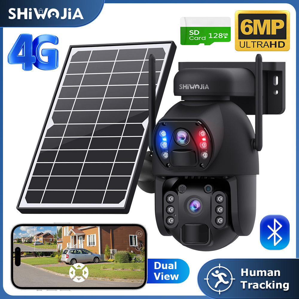 SHIWOJIA 4G SIM / WIFI Cellular Security Camera Dual-Lens,6MP Solar Camera Wireless Outdoor,Siren Alarm,Color Night Vision,Dual Screen,Built-in 12000mAh Battery