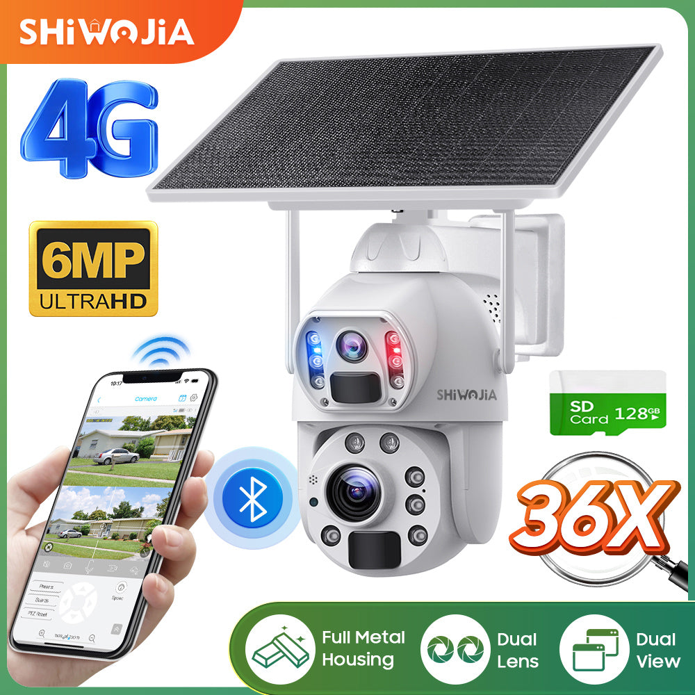 SHIWOJIA 36X Optical add Digital Zoom 4G SIM / WIFI Cellular Security Camera Dual-Lens,6MP Solar Camera Wireless Outdoor,Siren Alarm,Color Night Vision,Dual Screen,Built-in Battery