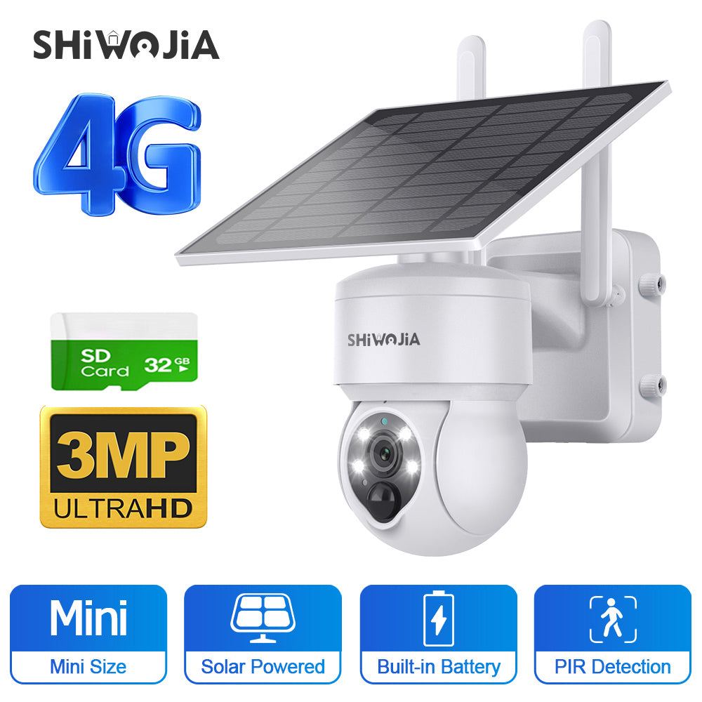 SHIWOJIA 4G SIM / WIFI Solar Security Cameras WIFI Wireless Outdoor 3MP View Animal Monitoring MiNi Solar Battery PTZ Camera Built-in Battery