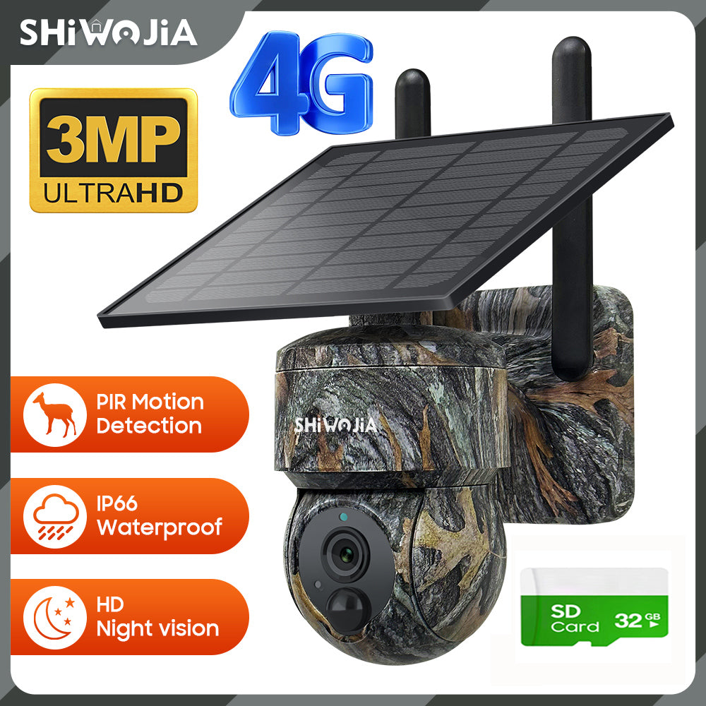 SHIWOJIA Camouflage Color Solar Battery PTZ Camera.4G SIM / WIFI 3MP 360° View Animal Monitoring.Built-in Battery