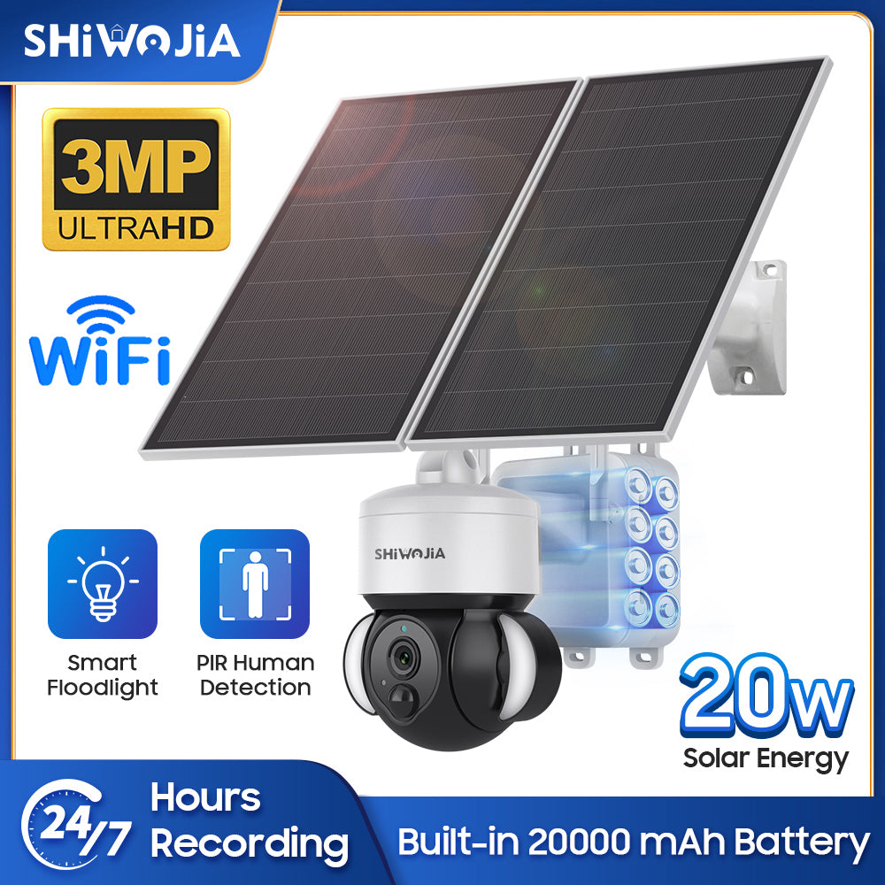SHIWOJIA 3MP Solar Camera 4G SIM / WIFI Security Outdoor Recording Humanoid Tracking 20W 24/7 hours Solar Battery Floodlight PTZ Camera