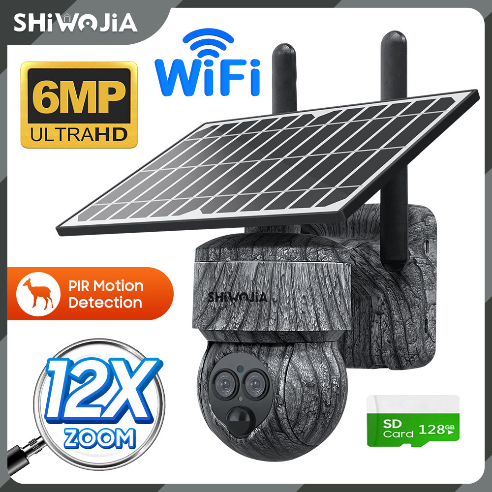 SHIWOJIA 6MP Solar Cameras 4G SIM / WIFI Wireless Outdoor 360° View Animal Monitoring Camouflage Color 12X Zoom Solar Battery PTZ Camera