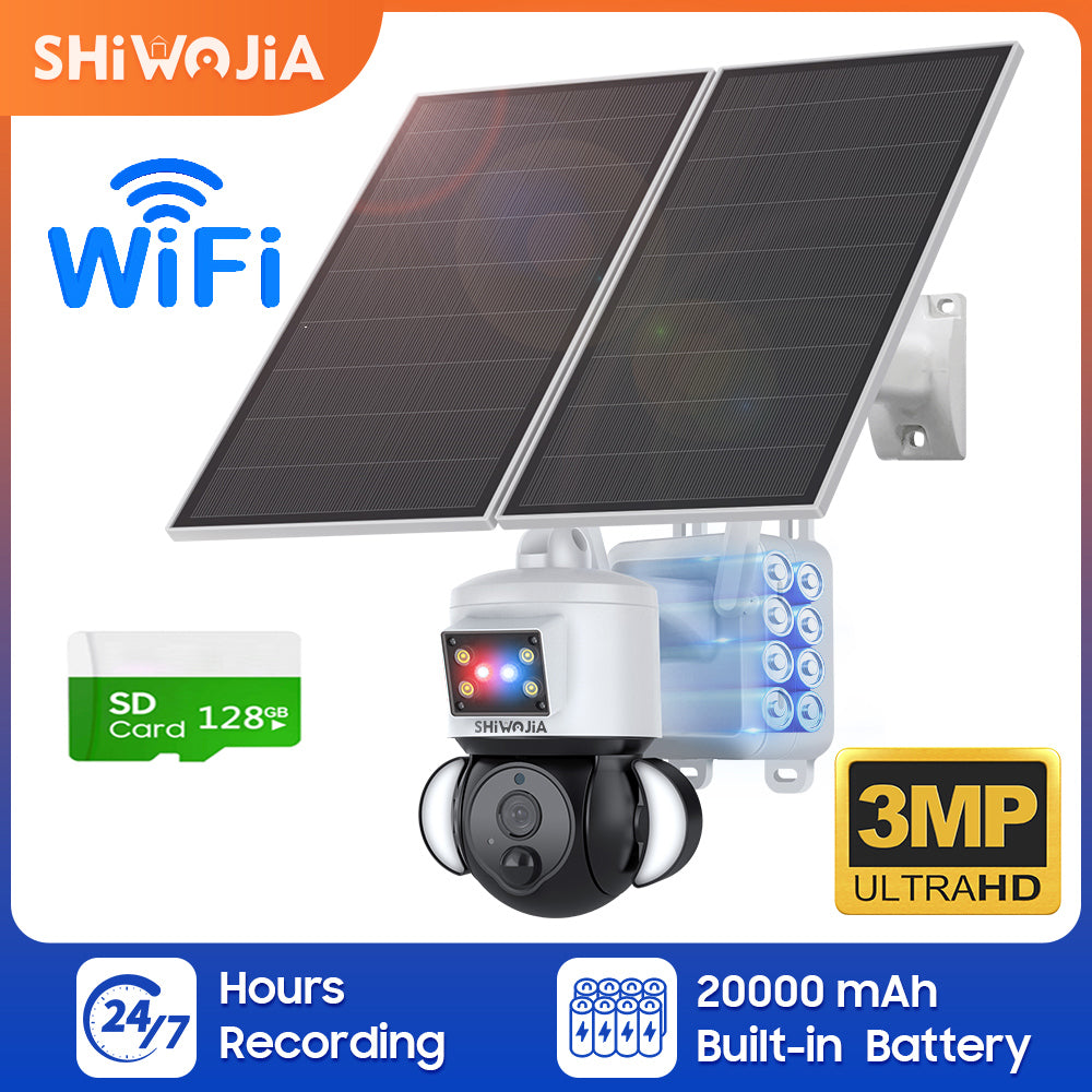 SHIWOJIA 3MP Solar Camera 4G SIM / WIFI Security Outdoor Recording Humanoid Tracking 20W Solar Battery Red Blue Alarm Floodlight PTZ Camera