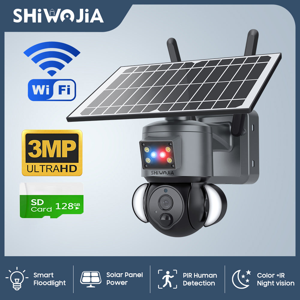 SHIWOJIA 3MP Solar Camera 4G SIM / WIFI Security Outdoor Dual Lens Recording Humanoid Tracking Camera+Floodlight+Alarm Solar Battery PTZ Camera