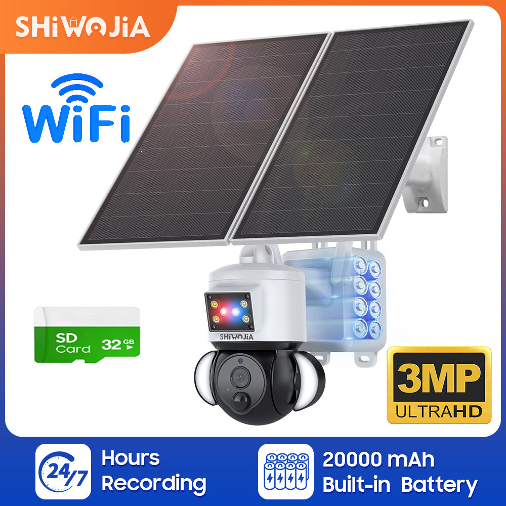 SHIWOJIA 3MP Solar Camera 4G SIM / WIFI Security Outdoor Recording Humanoid Tracking 20W Solar Battery Red Blue Alarm Floodlight PTZ Camera